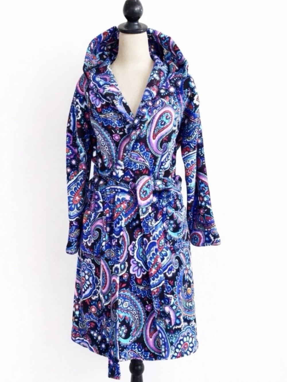 Vera Bradley Hooded Fleece Robe Paisley Belted Pockets Blue S/M